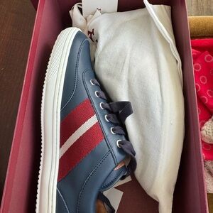 Stylish Luxury Bally tennis shoes with Red and White Stripes